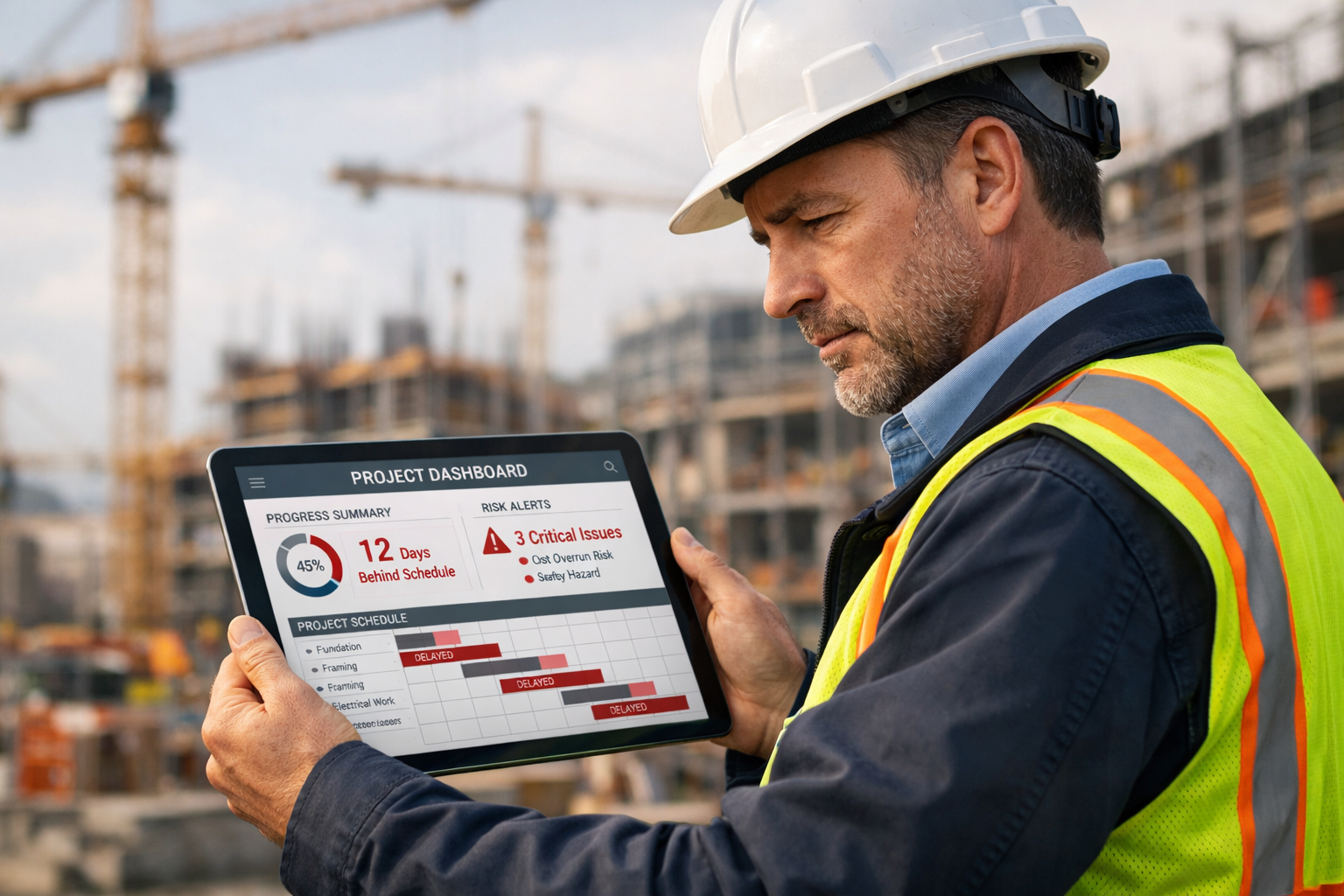 Construction superintendent reviewing a project dashboard on a tablet at a job site