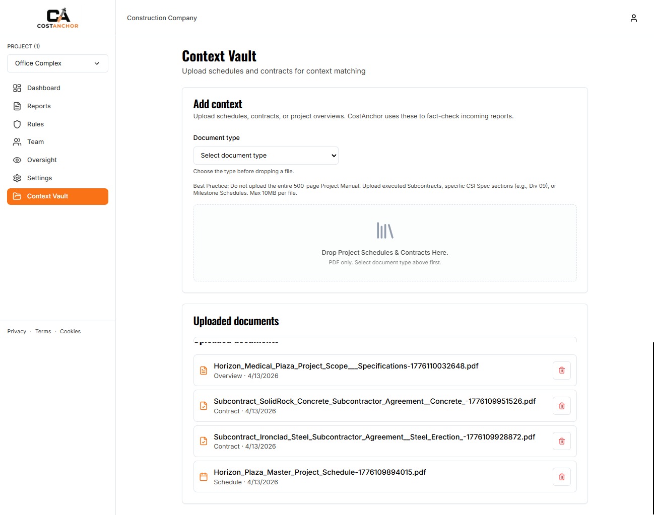 CostAnchor Context Vault — project specs and schedules
