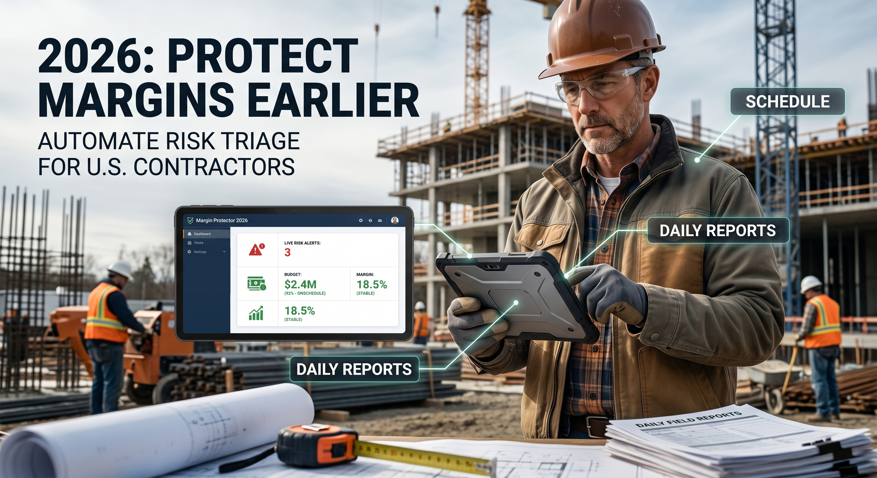 Construction team reviewing project risk and margin protection on site